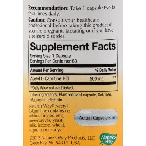 Nature's Way Acetyl L-Carnitine - 500 mg - 60 Vegetarian Capsules