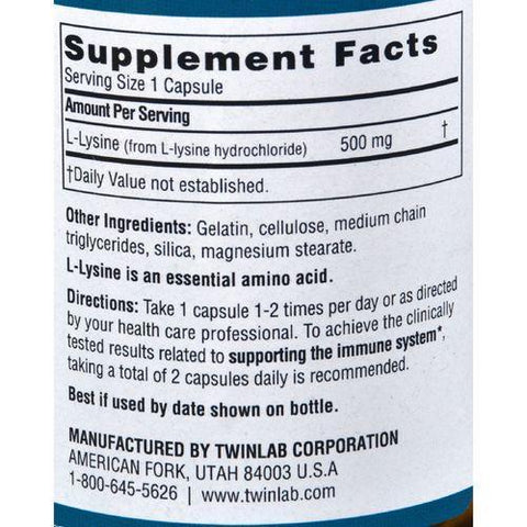 Twinlab L-Lysine - 500 mg - 100 Capsules