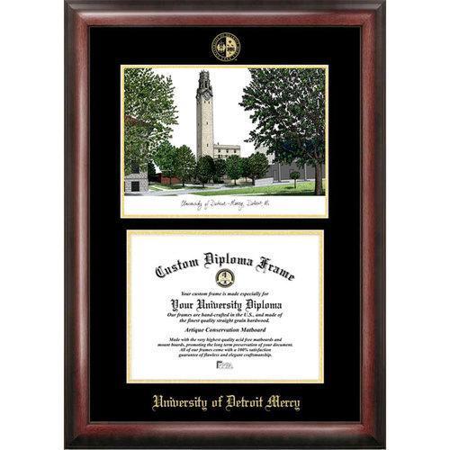 University Of Detroit, Mercy Gold embossed diploma frame with Campus Images lithograph