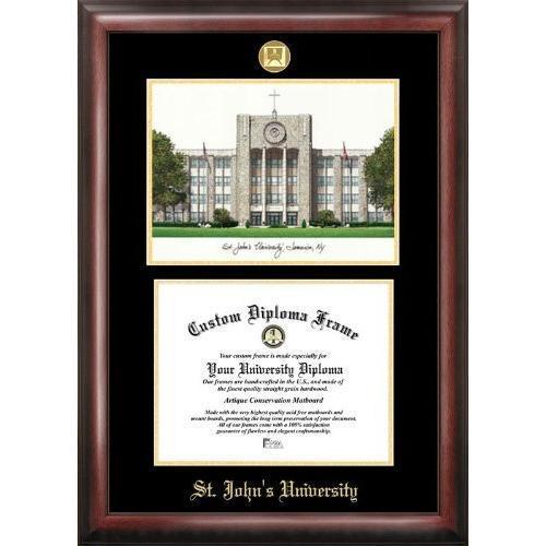 St. John's University Gold embossed diploma frame with Campus Images lithograph