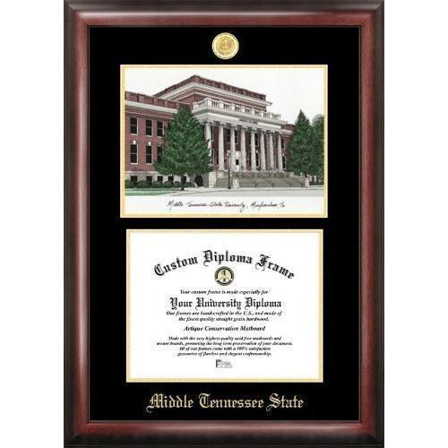 Middle Tennesse State Gold embossed diploma frame with Campus Images lithograph