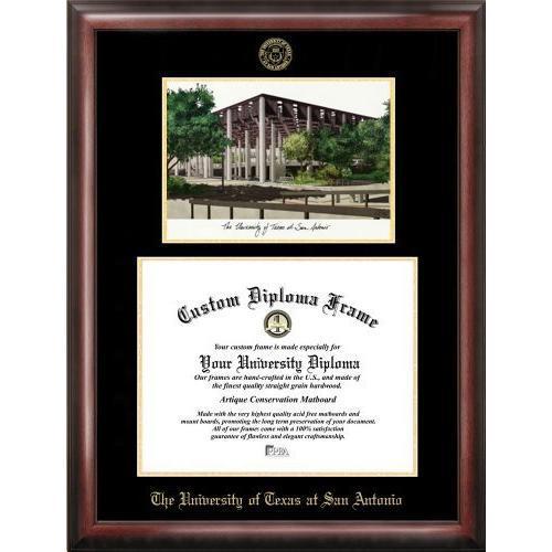 University of Texas, San Antonio Gold embossed diploma frame with Campus Imag...