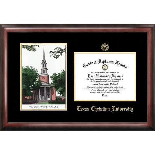 Texas Christian University Gold embossed diploma frame with Campus Images lit...