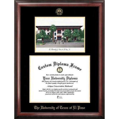 University of Texas, El Paso Gold embossed diploma frame with Campus Images l...