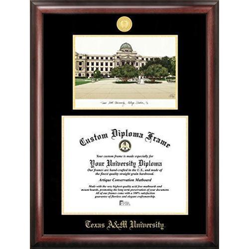 Texas A&amp;M University Gold embossed diploma frame with Campus Images lithograph