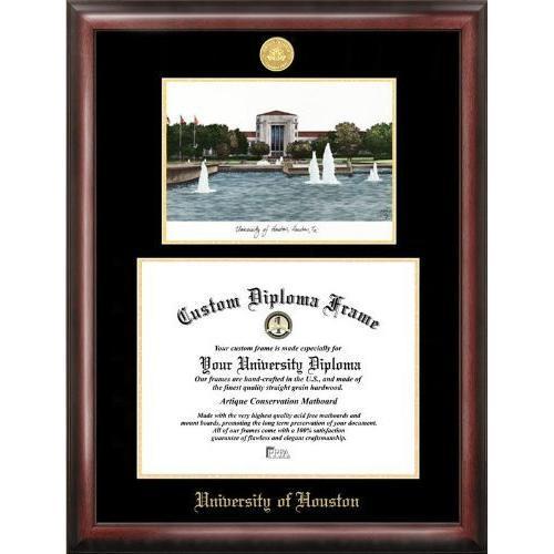 University of Houston Gold embossed diploma frame with Campus Images lithograph