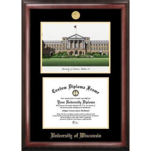 University of Wisconsin Badgers Gold embossed diploma frame with Campus Image...